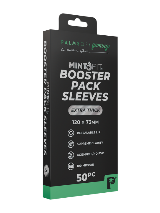 Palms Off Gaming MintFit booster pack sleeves, designed to perfectly fit common trading card booster packs with a tapered, resealable lip. Palms Off Gaming MintFit booster pack sleeves, designed to perfectly fit common trading card booster packs with a tapered, resealable lip.