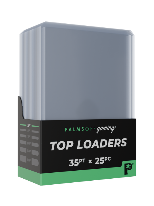 Palms Off Gaming 35pt top loaders, rigid protection for most standard trading cards, like Pokémon, One Piece, Magic: The Gathering, Lorcana and more.