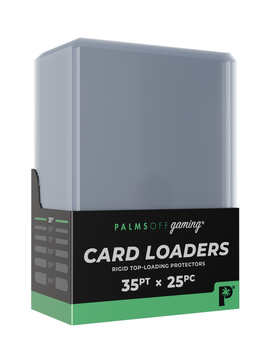 Palms Off Gaming 35pt card loaders, rigid top-loading protection for most standard trading cards, like Pokémon, One Piece, Magic: The Gathering, Lorcana and more.