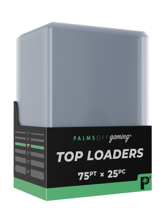 Palms Off Gaming 75pt top loaders, rigid protection for sports and other trading cards. Palms Off Gaming 75pt top loaders, rigid protection for sports and other trading cards.