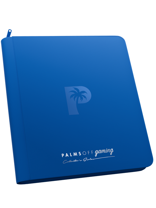 Palms Off Gaming Collector’s Series blue 12 pocket zip binder with PU leather cover, holds 480 Pokémon, MTG, Yu-Gi-Oh! Trading cards and more.