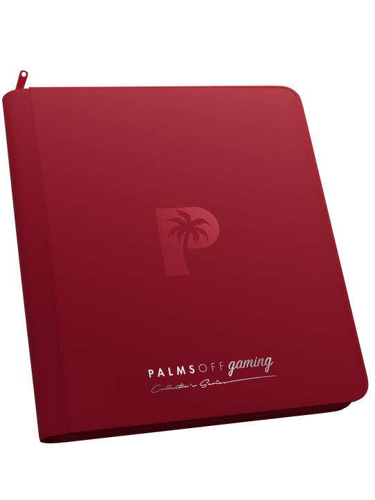 Palms Off Gaming Collector’s Series red 12 pocket zip binder with PU leather cover, holds 480 Pokémon, MTG, Yu-Gi-Oh! Trading cards and more.