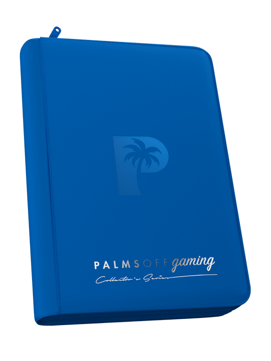 Palms Off Gaming Collector’s Series blue 4 pocket zip binder with PU leather cover, holds 160 Pokémon, MTG, Yu-Gi-Oh! Trading cards and more. Palms Off Gaming Collector’s Series blue 4 pocket zip binder with PU leather cover, holds 160 Pokémon, MTG, Yu-Gi-Oh! Trading cards and more.