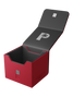 Palms Off Gaming red Genesis Deck Box, impact-proof storage for 100 double-sleeved or 120 single-sleeved TCG cards.