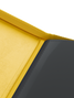 Yellow velvet inside cover of Palms Off Gaming 12 pocket binder for premium storage of trading cards.