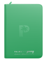 Palms Off Gaming green 9 pocket top loader zip binder with PU leather cover, holds 216 standard 35pt top loaders for Pokémon, MTG, Yu-Gi-Oh! and more.