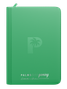 Green velvet inside cover of Palms Off Gaming 9 pocket binder for premium storage of trading cards.