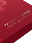 Debossed foil Palms Off Gaming logo on red 4 pocket binder designed for secure trading card storage.