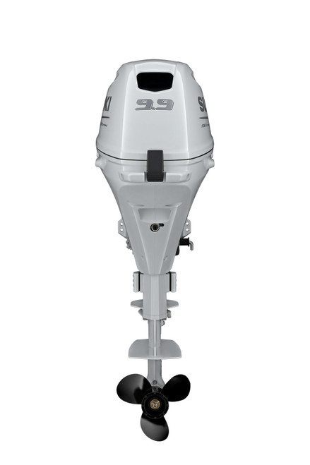 Suzuki DF9.9BTHLW 9.9 HP EFI White 4-Stroke Outboard Motor - Rear View - Electric Start - Tiller Steering