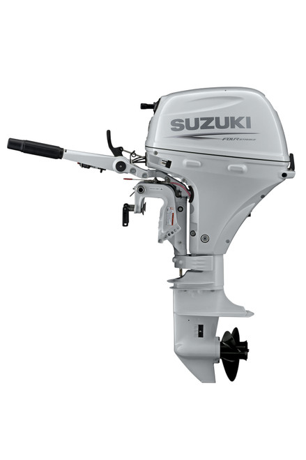 Suzuki DF9.9BTHLW 9.9 HP EFI White 4-Stroke Outboard Motor - Side View - 20" Long Shaft - High-Thrust Propeller - Power Trim and Tilt