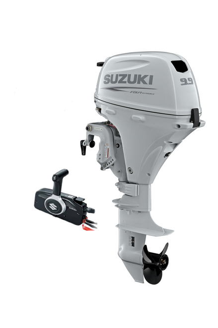 Suzuki DF9.9BTLW 9.9 HP EFI White 4-Stroke High-Thrust Outboard Motor - Main Product View - 20" Long Shaft - Electric Start - Remote Control - Power Trim and Tilt