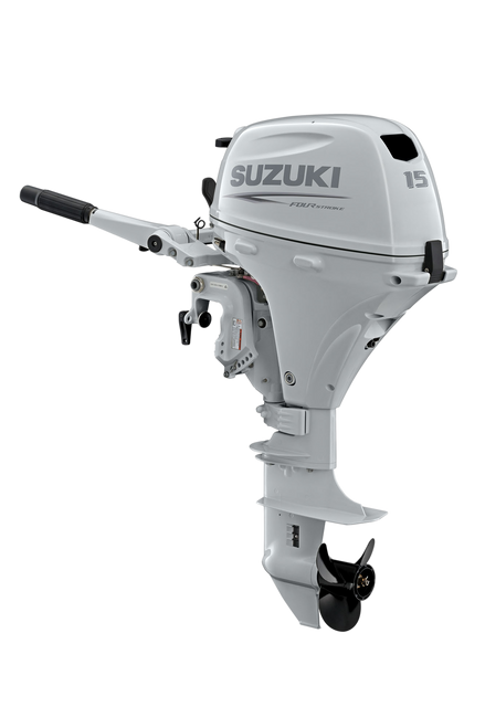 Suzuki DF15ASW 15 HP EFI 4-Stroke White Outboard Motor - Main Product View - 15" Short Shaft - Manual Start - Tiller