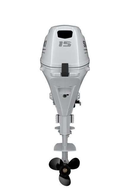 Suzuki DF15ASW 15 HP EFI 4-Stroke White Outboard Motor - Rear View - Tiller Handle - Manual Start