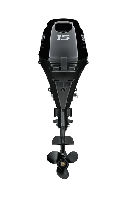 Suzuki DF15AEL 15 HP EFI 4-Stroke Outboard Motor - Rear View - Tiller Handle - Electric Start