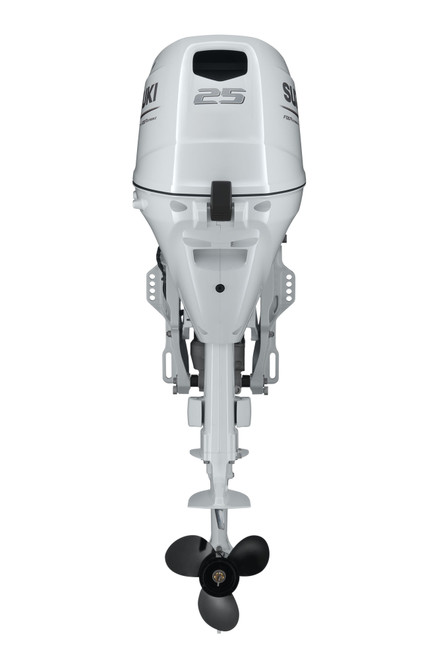 Suzuki DF25ATHLW 25 HP EFI 4-Stroke White Outboard Motor - Rear View - Tiller Handle - Electric Start - Power Trim & Tilt
