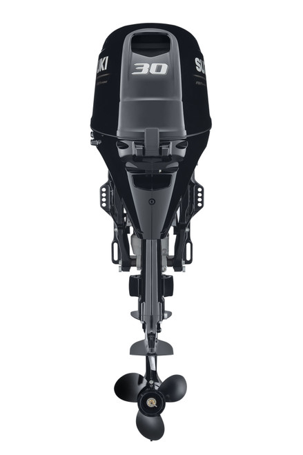 Suzuki DF30ATHL 30 HP EFI 4-Stroke Outboard Motor - Rear View - Tiller Handle - Electric Start - Power Trim & Tilt