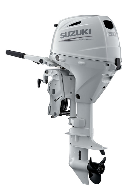 Suzuki DF30ATHLW 30 HP EFI White 4-Stroke Outboard Motor - Main Product View - 20" Long Shaft - Electric Start - Tiller - Power Trim & Tilt