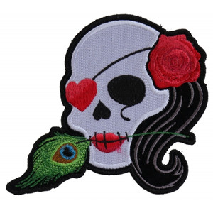 P5145 Lady Sugar Skull With Pink Rose and Feather Small Patch P5145 Lady Sugar Skull With Pink Rose and Feather Small Patch
