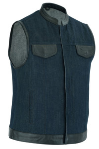 DM964 Women's Broken Blue Rough Rub-Off Raw Finish Denim Vest W/Leath DM964 Women's Broken Blue Rough Rub-Off Raw Finish Denim Vest W/Leath