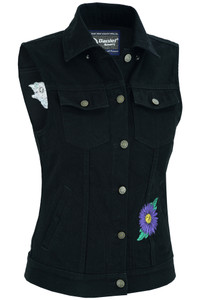 DM945 Women's Black Denim Snap Front Vest with Purple Daisy DM945 Women's Black Denim Snap Front Vest with Purple Daisy