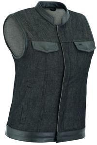 DM963 Women's Rough Rub-Off Raw Finish Denim Vest W/Leather Trim DM963 Women's Rough Rub-Off Raw Finish Denim Vest W/Leather Trim