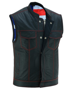 DS165 MEN'S LEATHER VEST WITH RED STITCHING AND USA INSIDE FLAG LININ DS165 MEN'S LEATHER VEST WITH RED STITCHING AND USA INSIDE FLAG LININ