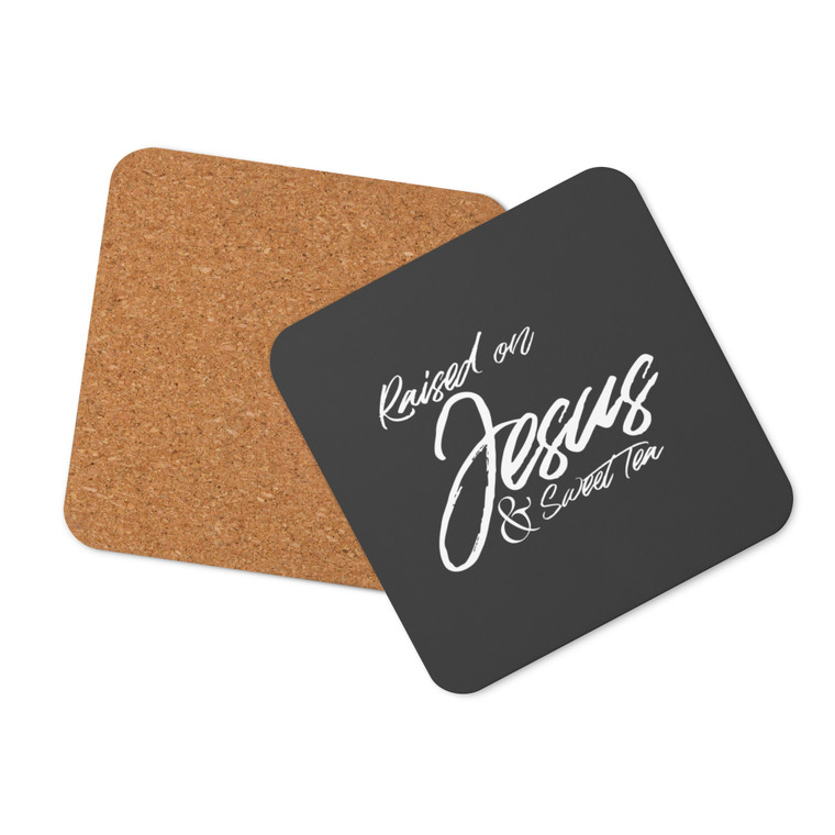 Raised On Jesus & Sweet Tea — Cork-back coaster (black)