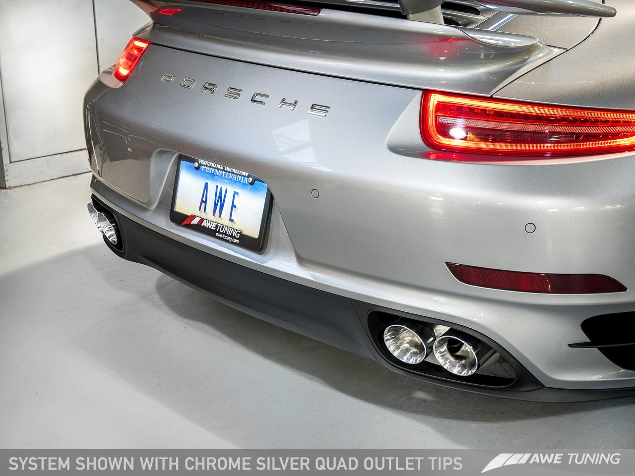 AWE Tuning Porsche 991 Turbo and Turbo S Performance Exhaust - Quad Chrome Silver Tailpipes