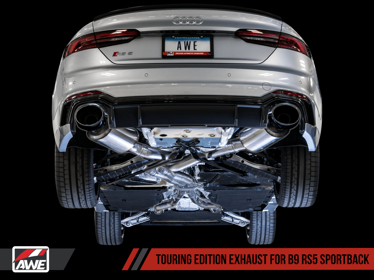 AWE Tuning Touring Edition Exhaust for Audi B9 RS 5 Sportback - Resonated for Performance Catalysts - Diamond Black RS-style Tips