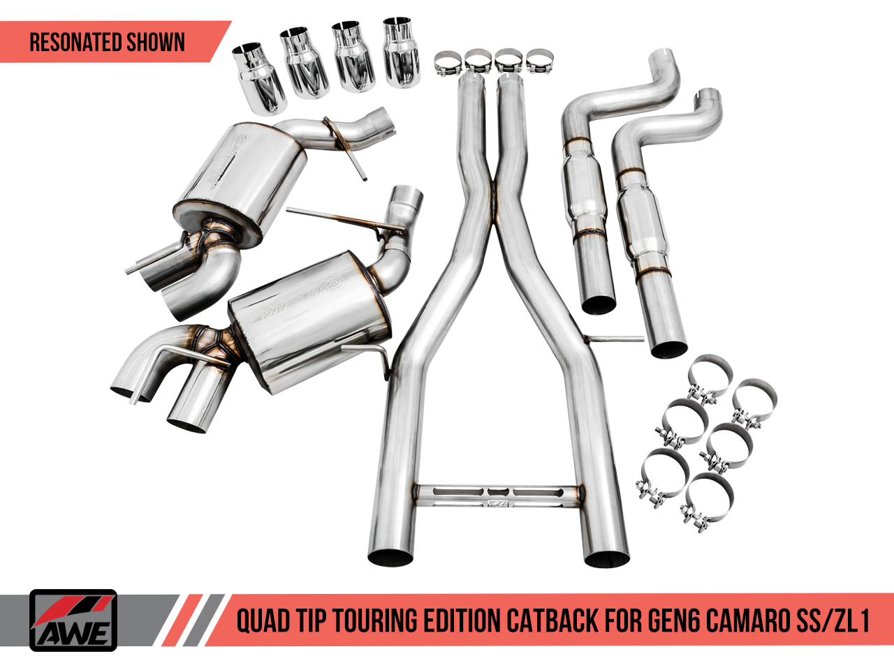 AWE Tuning Touring Edition Catback Exhaust for Gen6 Camaro SS / ZL1 - Resonated - Chrome Silver Tips (Quad Outlet)