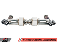 AWE Tuning Performance Exhaust and High-Flow Cat Sections for Porsche 991.2 Turbo - With Diamond Black Quad Tips