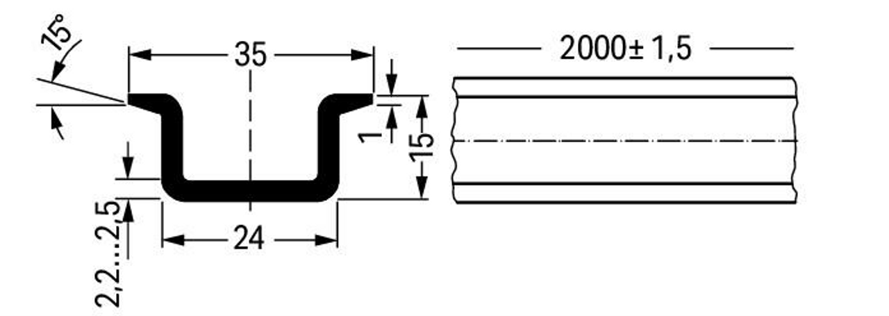 210-118  DIN rail - steel carrier rail; 35 x 15 mm; 2.3 mm thick; 2 m long; unslotted; according to EN 60715, silver-colored