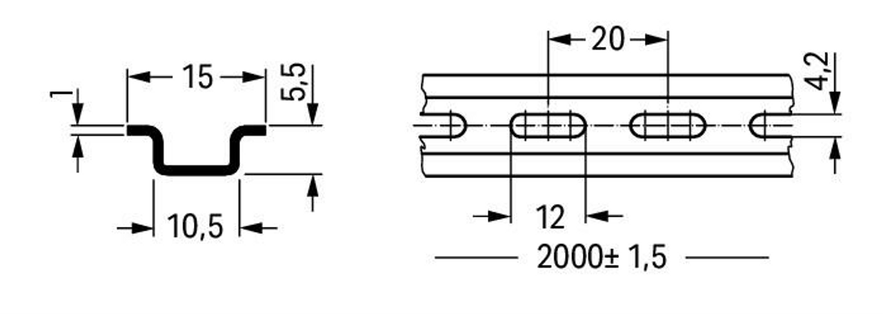 210-111 DIN rail - steel carrier rail; 15 x 5.5 mm; 1 mm thick; 2 m long; slotted; according to EN 60715, silver-colored