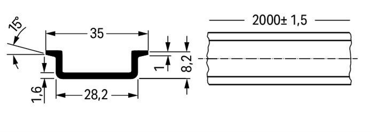 210-196 DIN rail - aluminum carrier rail; 35 x 8.2 mm; 1.6 mm thick; 2 m long; unslotted; similar to EN 60715, silver-colored