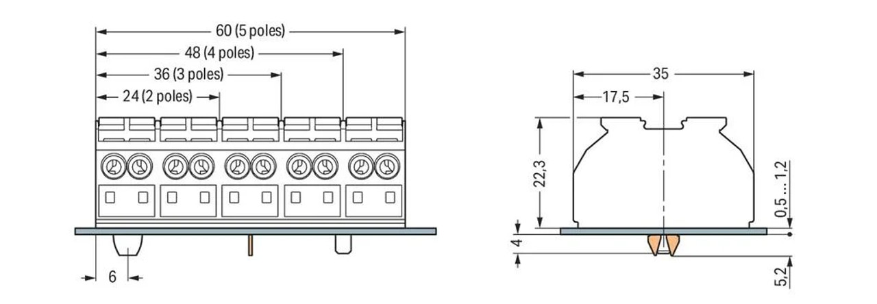 862-505  Terminal Block w/o ground 5-pole,  4 Conductor