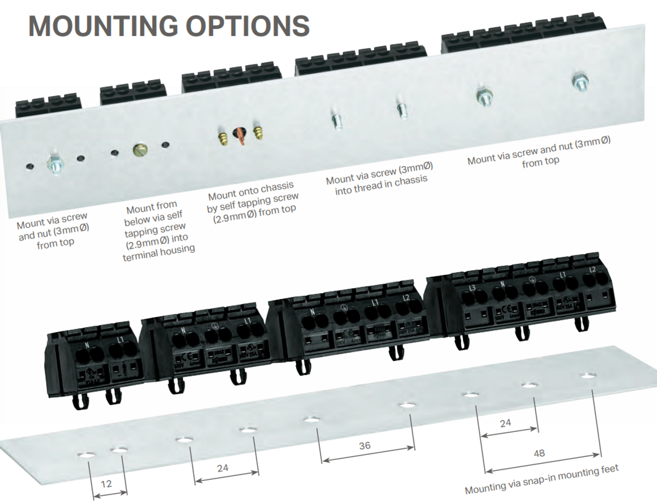 862-552 Terminal Block w/o Ground 2 Pole; 4 Conductor mounting options