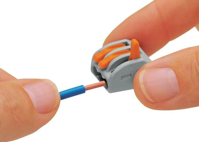 222-413 with lever up inserting wire into connector
