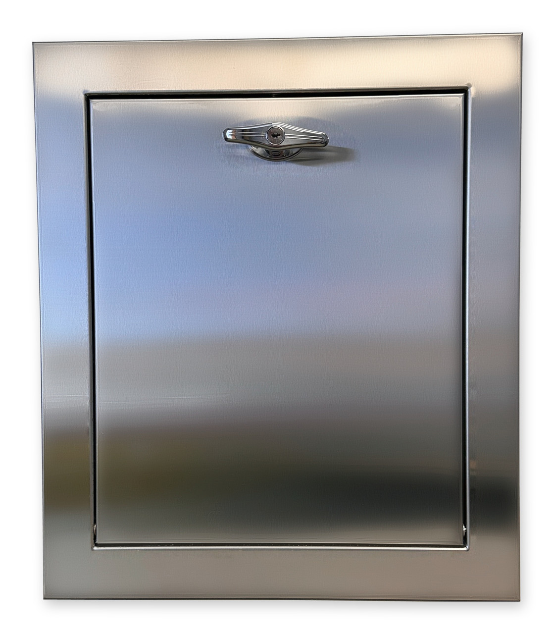 100% Stainless Steel Premium Universal 15” x 18” Trash Chute Door w/Baffle and Protected Closer- 2" Trim - Bottom Hinged Doors