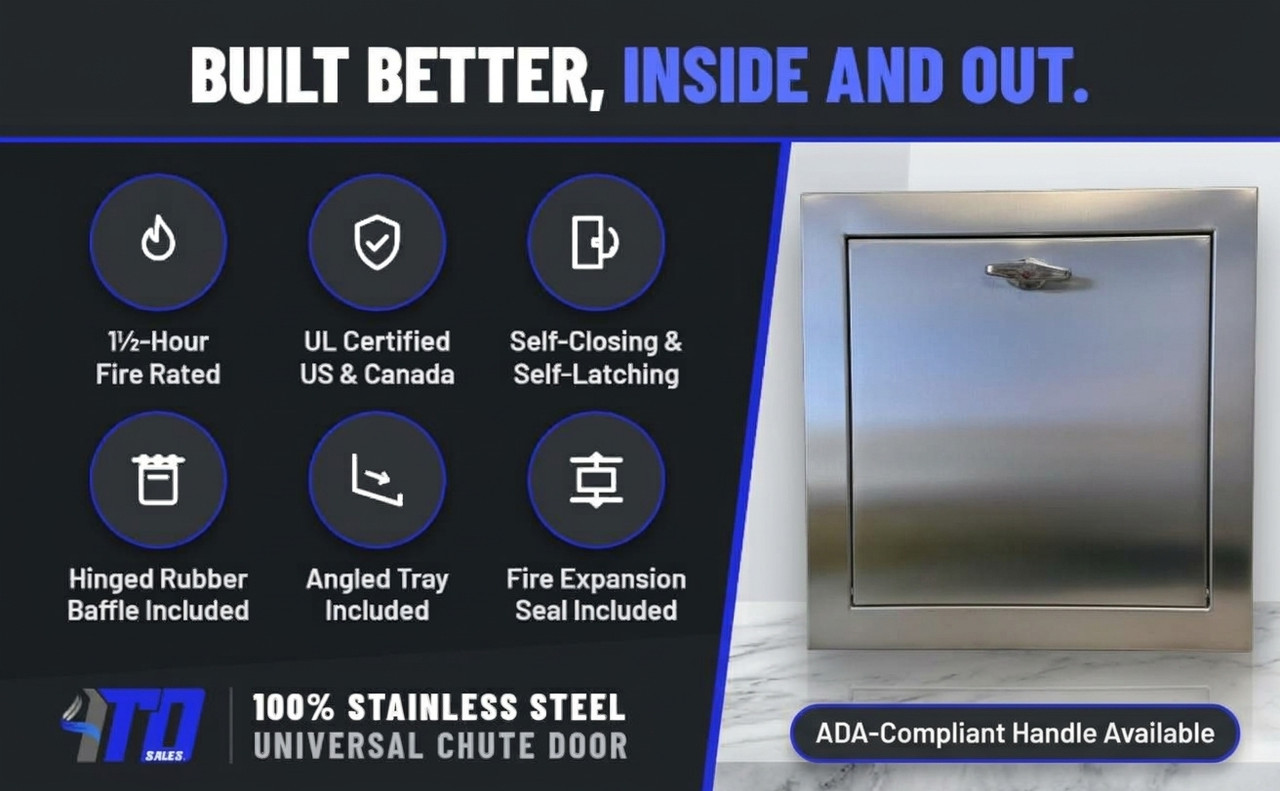 21" x  18" 100% Stainless Steel Premium Universal Trash Chute Door w/Baffle and Protected Closer- 2" Trim - Bottom Hinged Doors