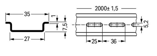 210-112 DIN Rail - steel carrier rail; 35 x 7.5 mm; 1 mm thick; 2 m long; slotted; according to EN 60715; Hole width 25 mm,  silver-colored