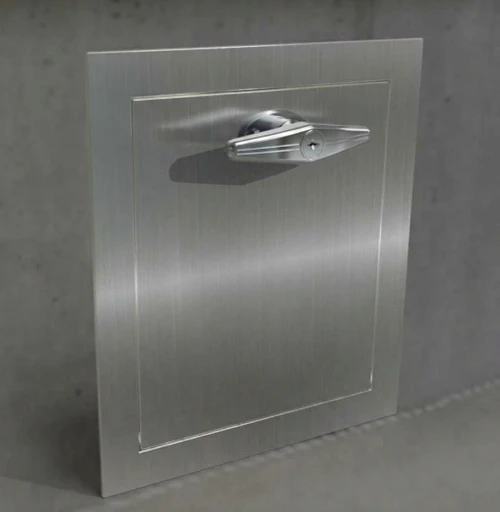100% Stainless Steel Premium Universal 15” x 18” Trash Chute Door w/Baffle and Protected Closer- 2" Trim - Bottom Hinged Doors