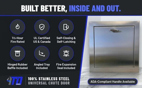 21" x  18" 100% Stainless Steel Premium Universal Trash Chute Door w/Baffle and Protected Closer- 2" Trim - Bottom Hinged Doors