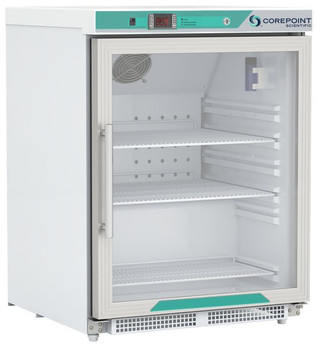 Corepoint Scientific White Diamond Series Undercounter Refrigerator, Built-In, 4.6 Cu. Ft., Glass Door, ADA