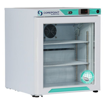 Corepoint Scientific White Diamond Series Countertop Refrigerator, Freestanding, 1 Cu. Ft., Glass Door, Left Hinged