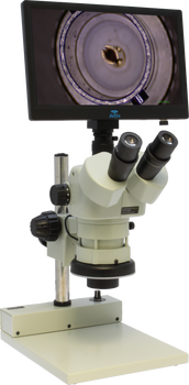 Stereo Zoom Trinocular Microscope SPZHT-135 [ 21x-135x] on Post Stand with Integrated LED Light & Monitor