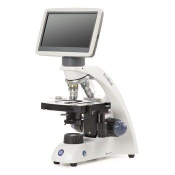 BioBlue microscope with 7-inch LCD screen and SMP 4/10/S40 objectives with mechanical stage and 1W LED cordless illumination
