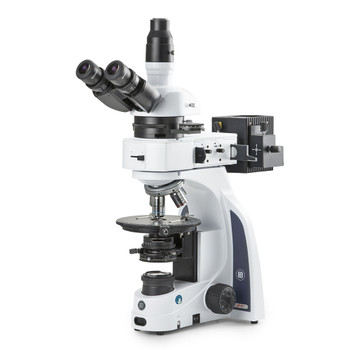 iScope trinocular microscope with EWF 10x/20mm eyepieces, Plan polarization PLPOLRI 5/10/20/S50x IOS objectives, 160mm round stage