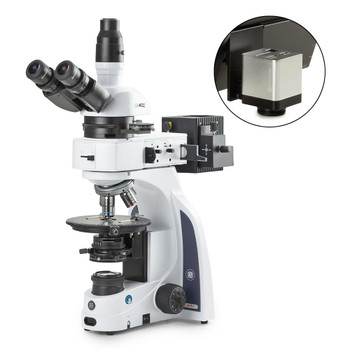 iScope trinocular microscope with EWF 10x/20mm eyepieces, Plan polarization PLPOLI 5/10/20/S50x IOS objectives, 160mm round stage