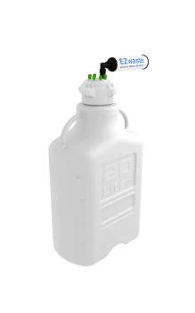 EZwaste HPLC Solvent Waste System, 20 L Heavy Duty Reusable Carboy, 83 mm (83B) VersaCap with Four (4x) Ports for 1/16 Inch O.D. Tubing; One (1x) Port for 1/4 Inch O.D. Tubing; Three (3x) Hose Barb Ports for 1/4 or 3/8 Inch I.D. Tubing, 1/EA