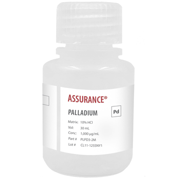Assurance Grade Palladium, 1,000 ug/mL (1,000 ppm) for AA and ICP in HCl, 30 mL